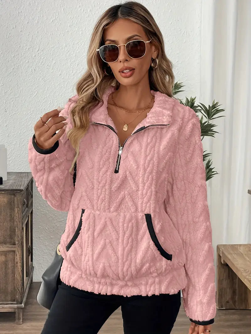 Women’s Fleece Sweater Quarter Zip Kangaroo Pocket Textured Pattern – Cabin Weekends