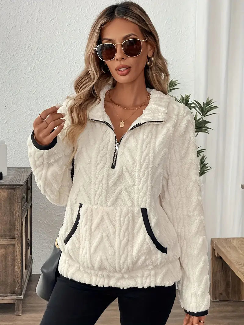 Women’s Fleece Sweater Quarter Zip Kangaroo Pocket Textured Pattern – Cabin Weekends