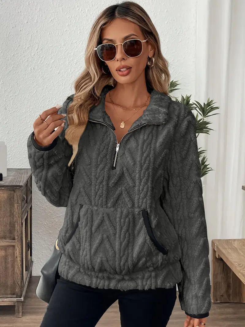 Women’s Fleece Sweater Quarter Zip Kangaroo Pocket Textured Pattern – Cabin Weekends