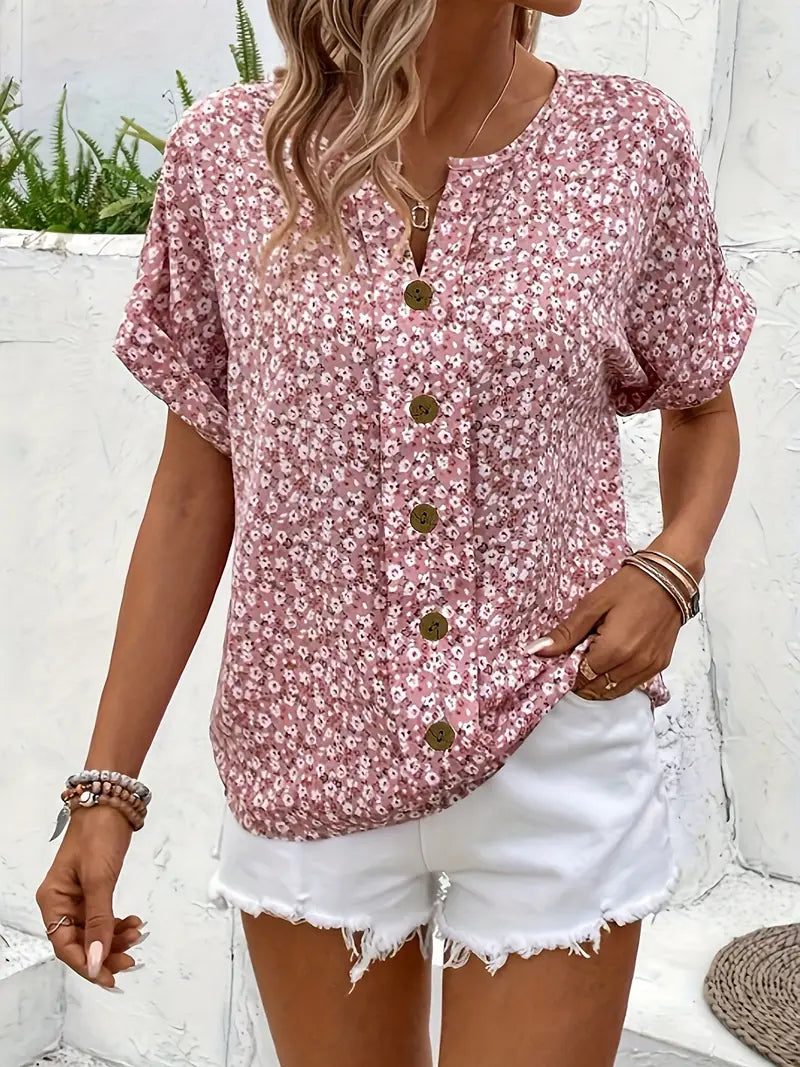 Women's Floral Blouse Short Sleeve Button Front – Summer Party
