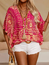 Women's Floral Blouse V Neck Short Sleeve Loose – Summer Party