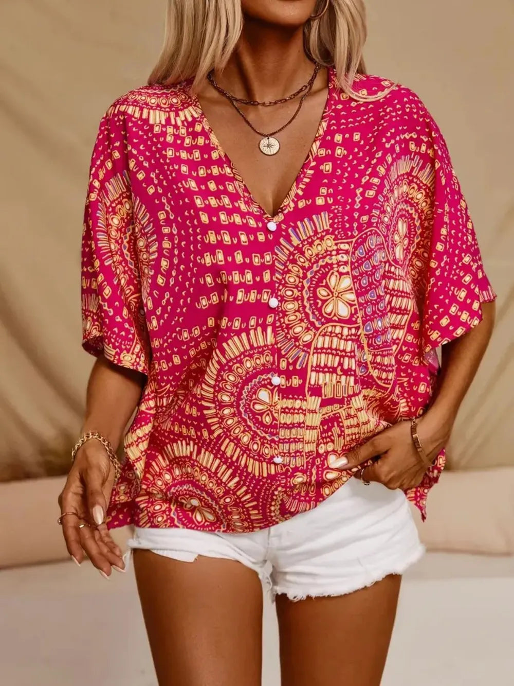 Women's Floral Blouse V Neck Short Sleeve Loose – Summer Party