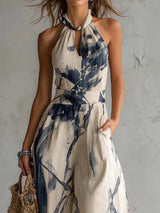 Women's Floral Jumpsuit Wide Leg Halter Neck Tie – Resort Dinner