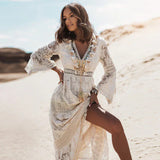 Women's Floral Lace Maxi Dress V-Neck Long Sleeve Tassel – Beach Party