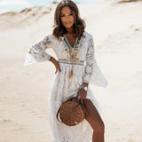 Women's Floral Lace Maxi Dress V-Neck Long Sleeve Tassel – Beach Party