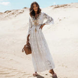 Women's Floral Lace Maxi Dress V-Neck Long Sleeve Tassel – Beach Party
