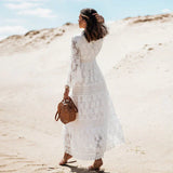 Women's Floral Lace Maxi Dress V-Neck Long Sleeve Tassel – Beach Party