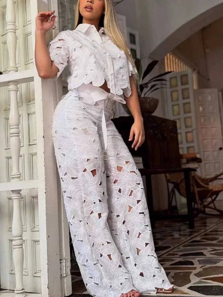 Women's Floral Lace Two Piece Set Cropped Top Wide Leg – Garden Party