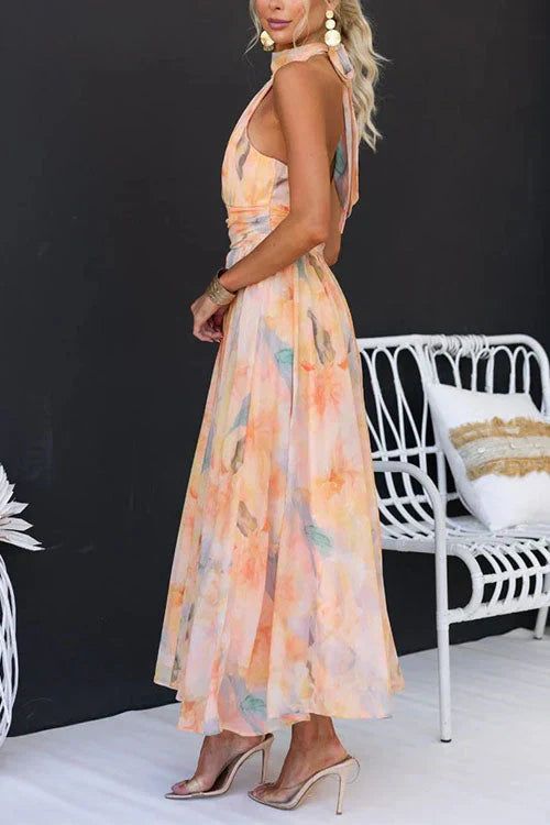 Women's Floral Maxi Dress Halter Neck Sleeveless – Wedding Guest Summer