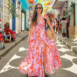 Women's Floral Maxi Dress Ruffle Shoulder V Neck – Beach Vacation Summer