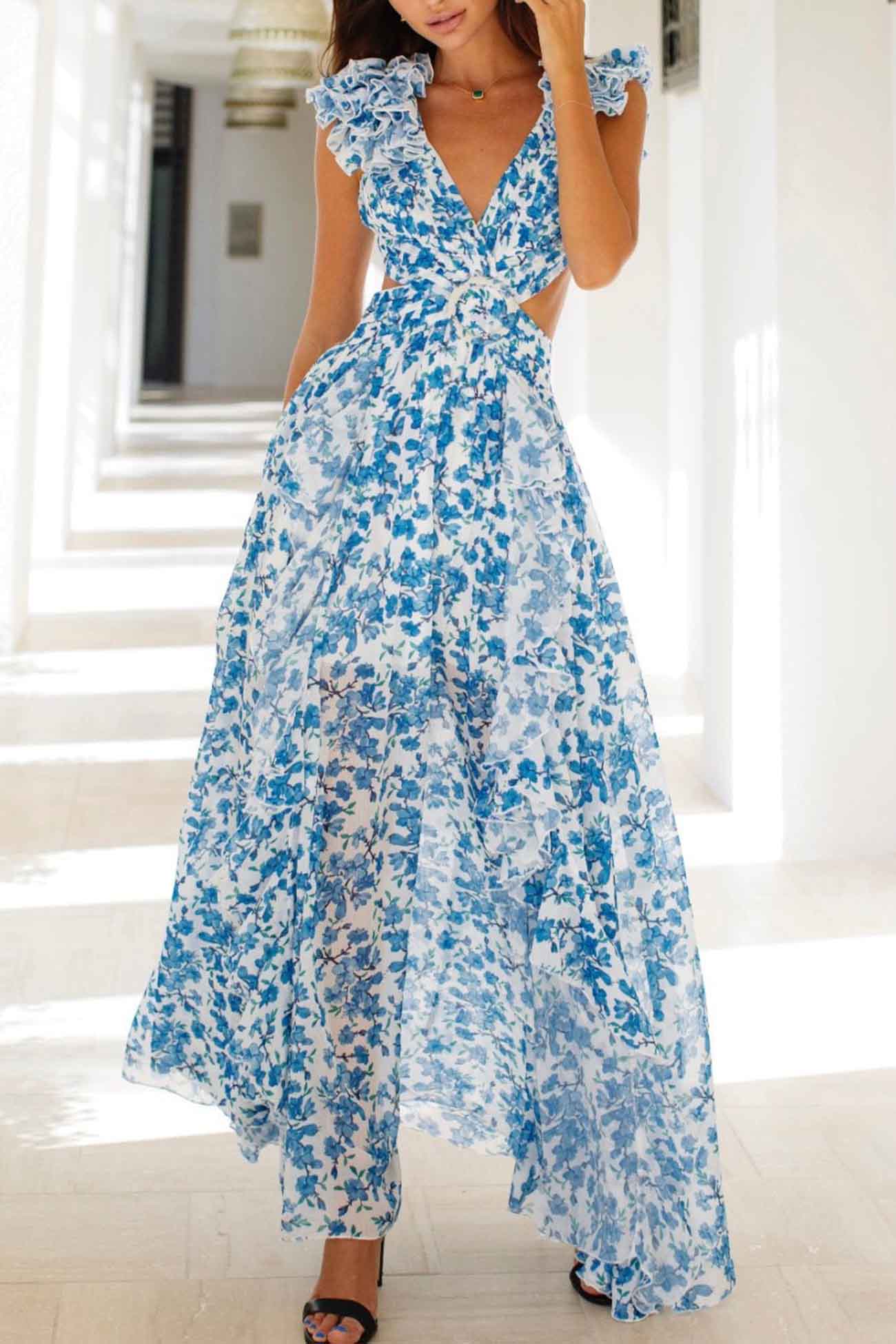Women's Floral Maxi Dress Ruffle Sleeve V Neck – Wedding Guest