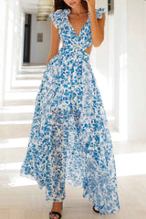 Women's Floral Maxi Dress Ruffle Sleeve V Neck – Wedding Guest