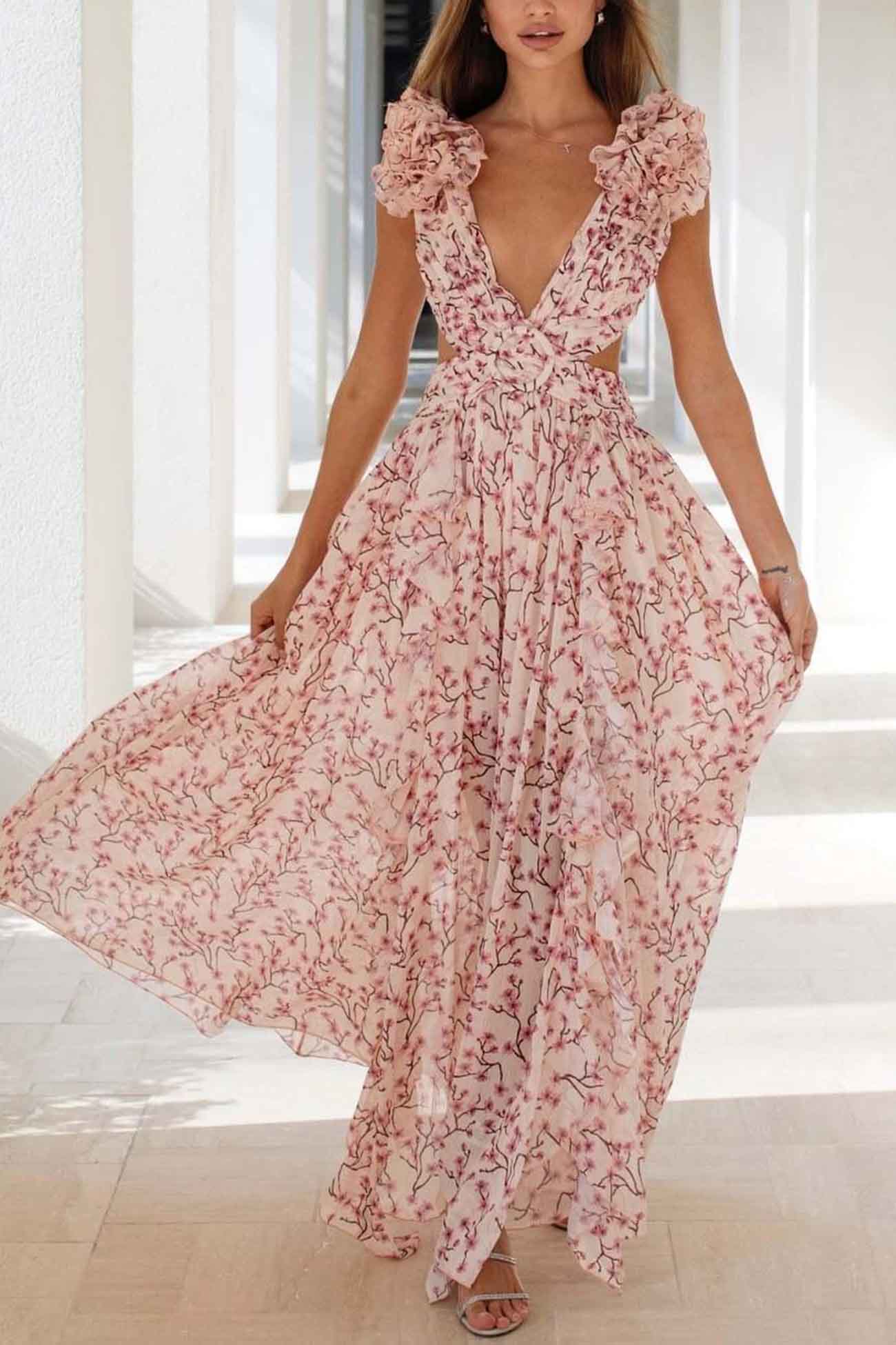 Women's Floral Maxi Dress Ruffle Sleeve V Neck – Wedding Guest
