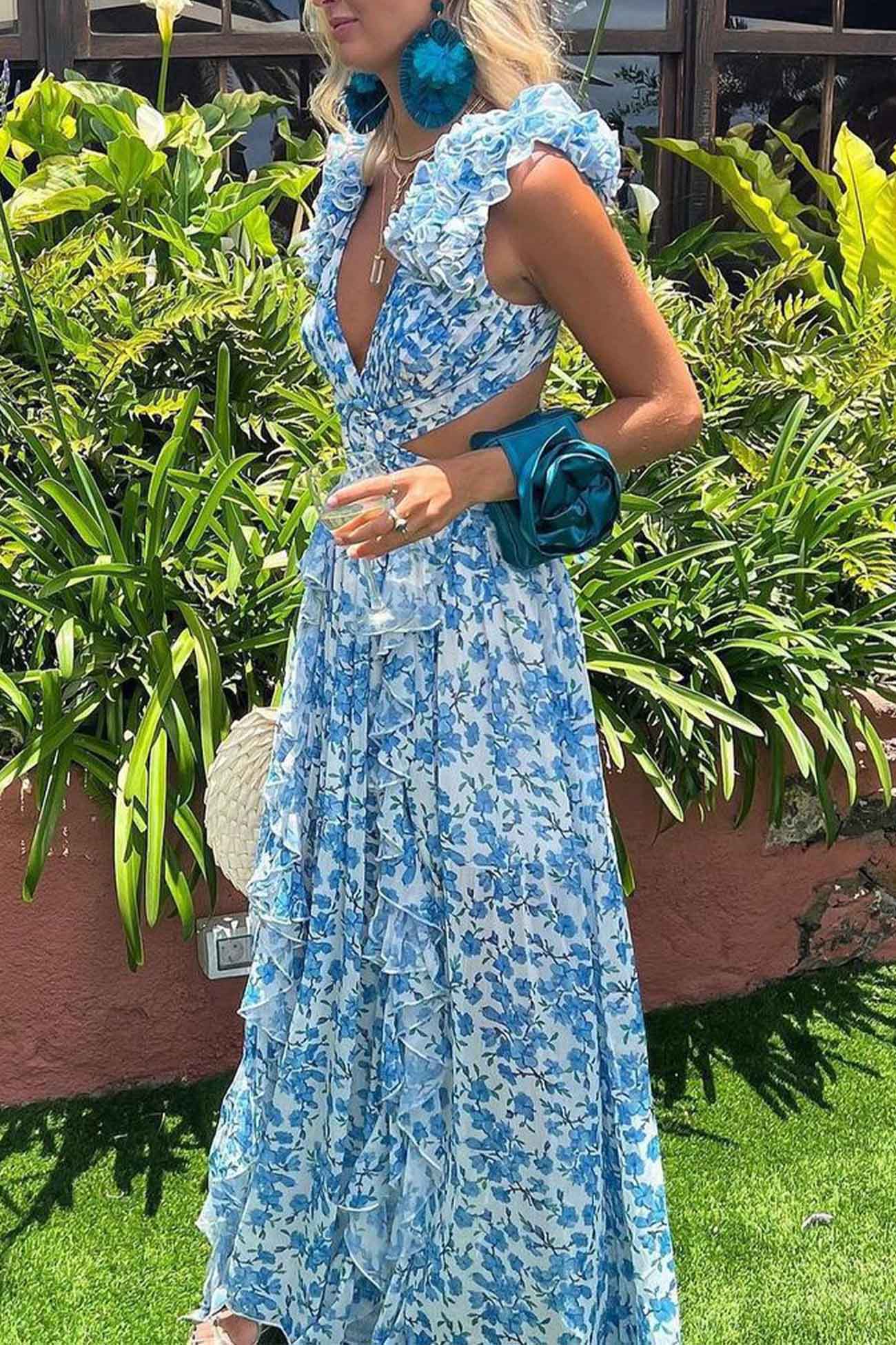 Women's Floral Maxi Dress Ruffle Sleeve V Neck – Wedding Guest