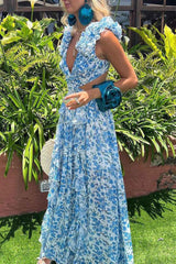 Women's Floral Maxi Dress Ruffle Sleeve V Neck – Wedding Guest