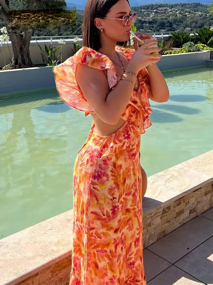 Women's Floral Maxi Dress Ruffle V Neck Cutout Waist – Wedding Guest