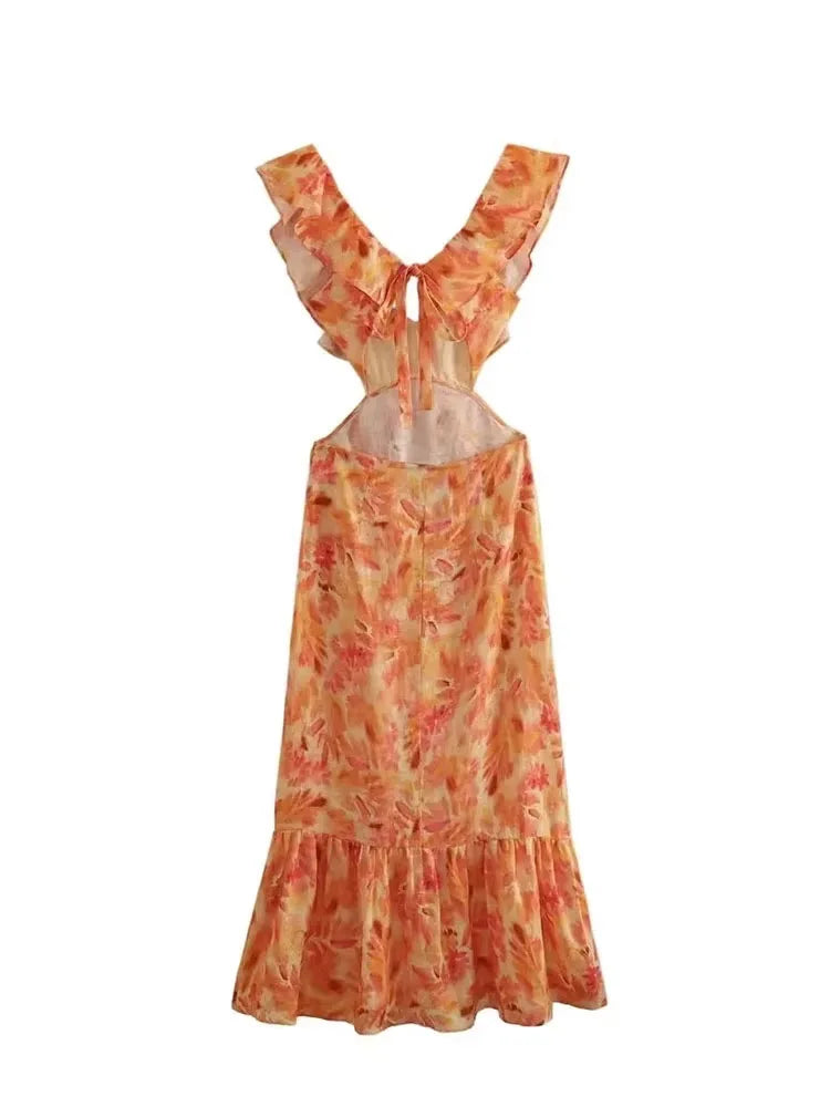 Women's Floral Maxi Dress Ruffle V Neck Cutout Waist – Wedding Guest