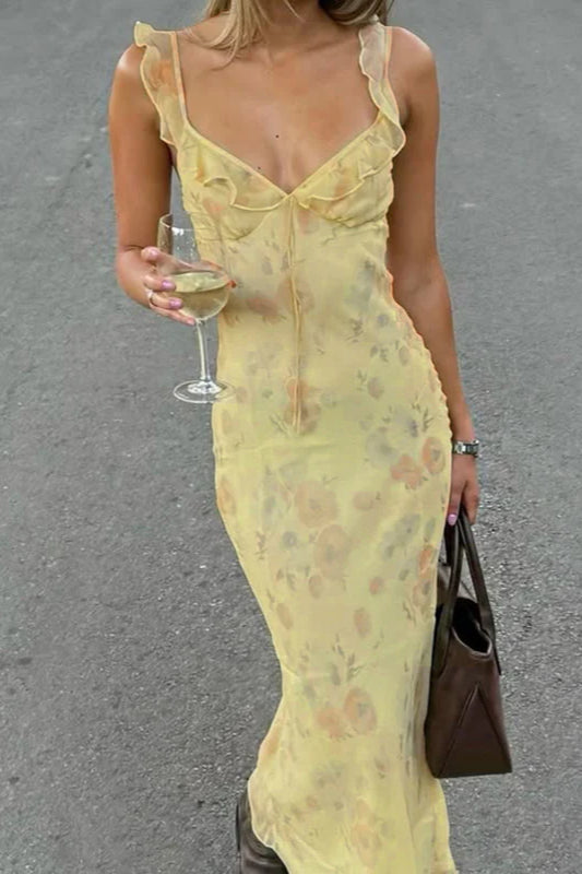 Women's Floral Maxi Dress Slip Spaghetti Strap V Neck – Wedding Guest Boho