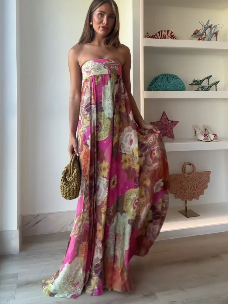 Women's Floral Maxi Dress Strapless Empire Waist – Wedding Guest Summer