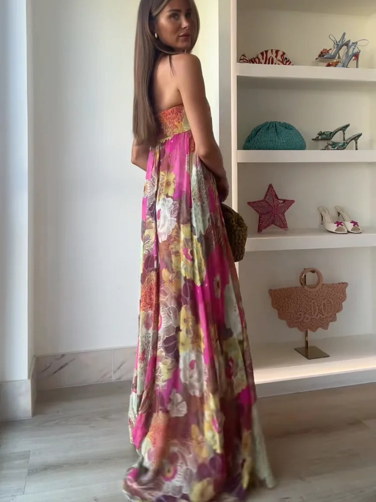 Women's Floral Maxi Dress Strapless Empire Waist – Wedding Guest Summer