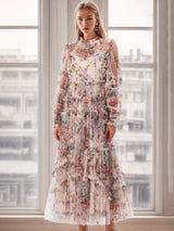 Women's Floral Maxi Dress Tiered High Neck Long Sleeve – Cocktail Party