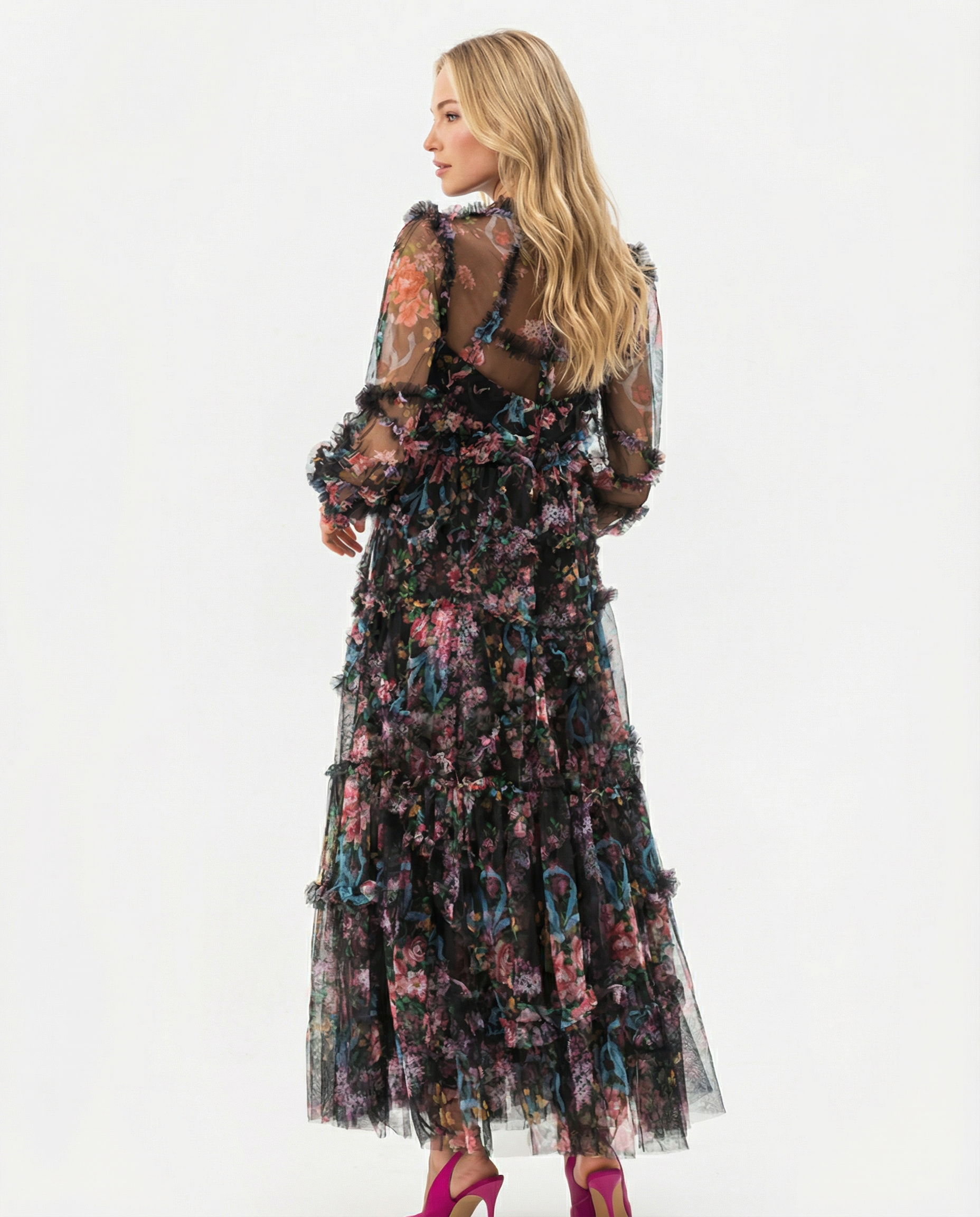 Women's Floral Maxi Dress Tiered High Neck Long Sleeve – Cocktail Party