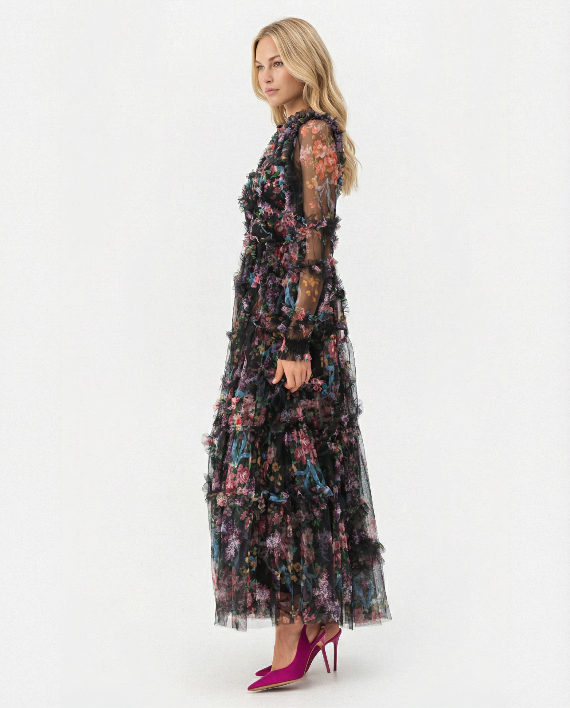 Women's Floral Maxi Dress Tiered High Neck Long Sleeve – Cocktail Party