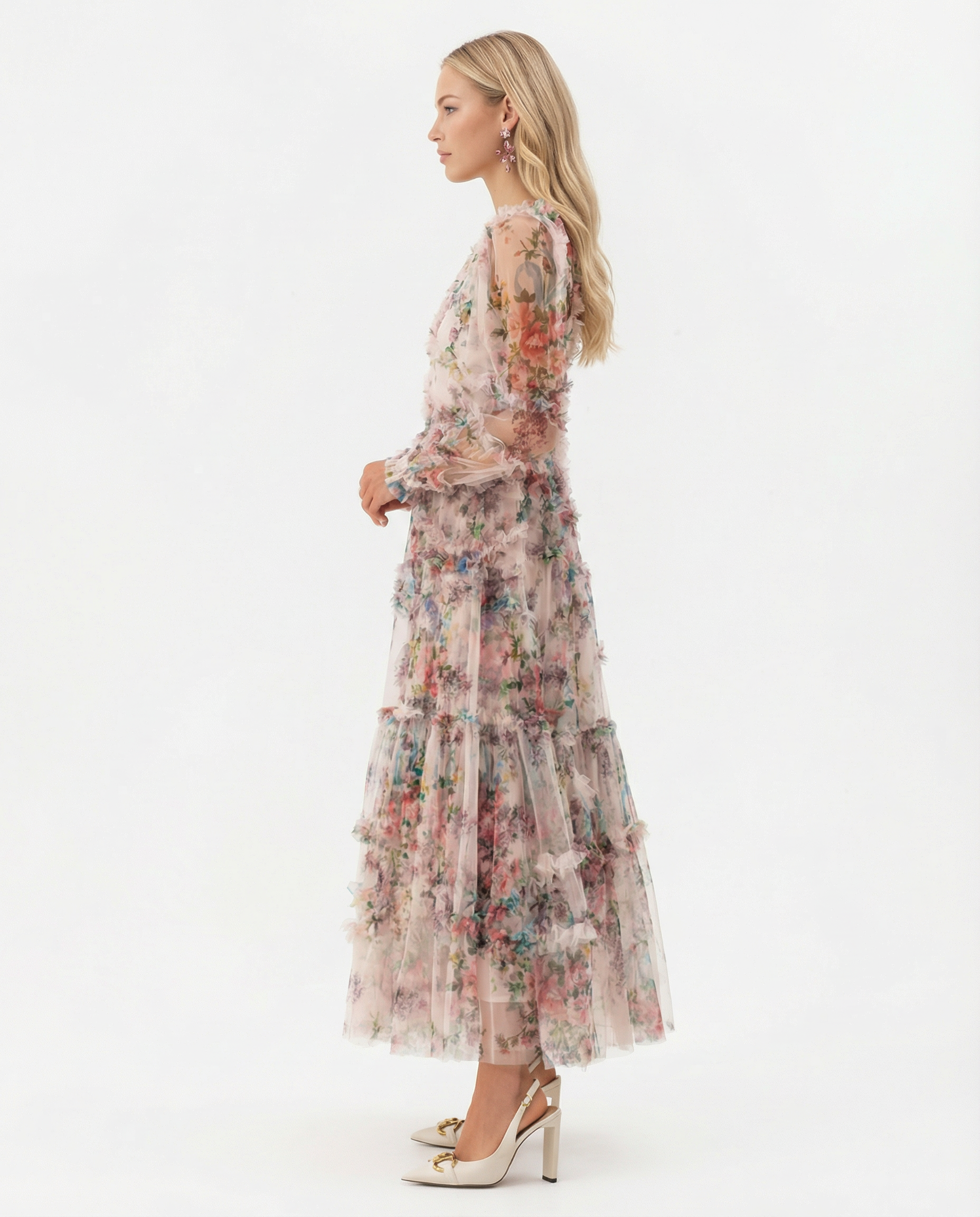 Women's Floral Maxi Dress Tiered High Neck Long Sleeve – Cocktail Party