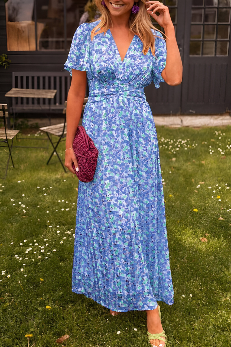Women's Floral Maxi Dress V Neck Flutter Sleeve Ruched Waist – Garden Party