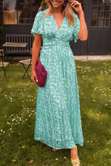 Women's Floral Maxi Dress V Neck Flutter Sleeve Ruched Waist – Garden Party