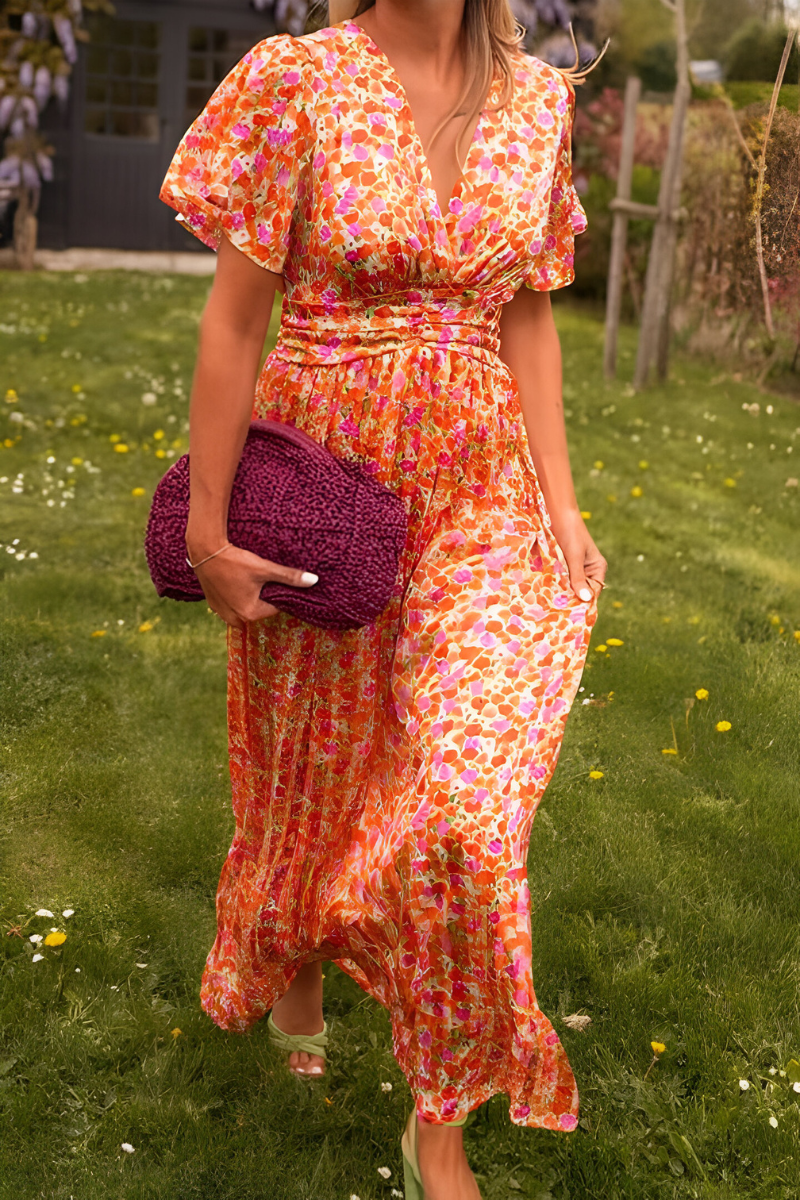 Women's Floral Maxi Dress V Neck Flutter Sleeve Ruched Waist – Garden Party