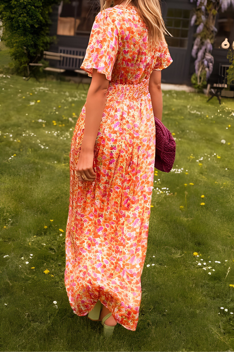 Women's Floral Maxi Dress V Neck Flutter Sleeve Ruched Waist – Garden Party