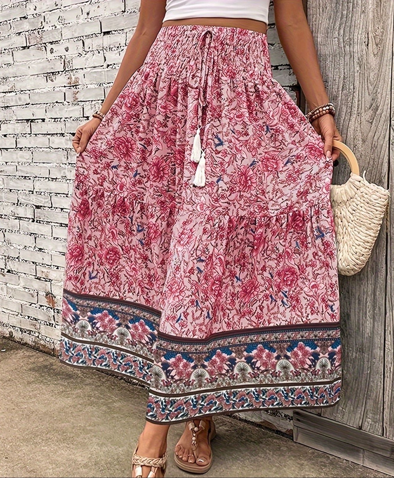 Women's Floral Maxi Skirt Elastic Waist – Summer Wear