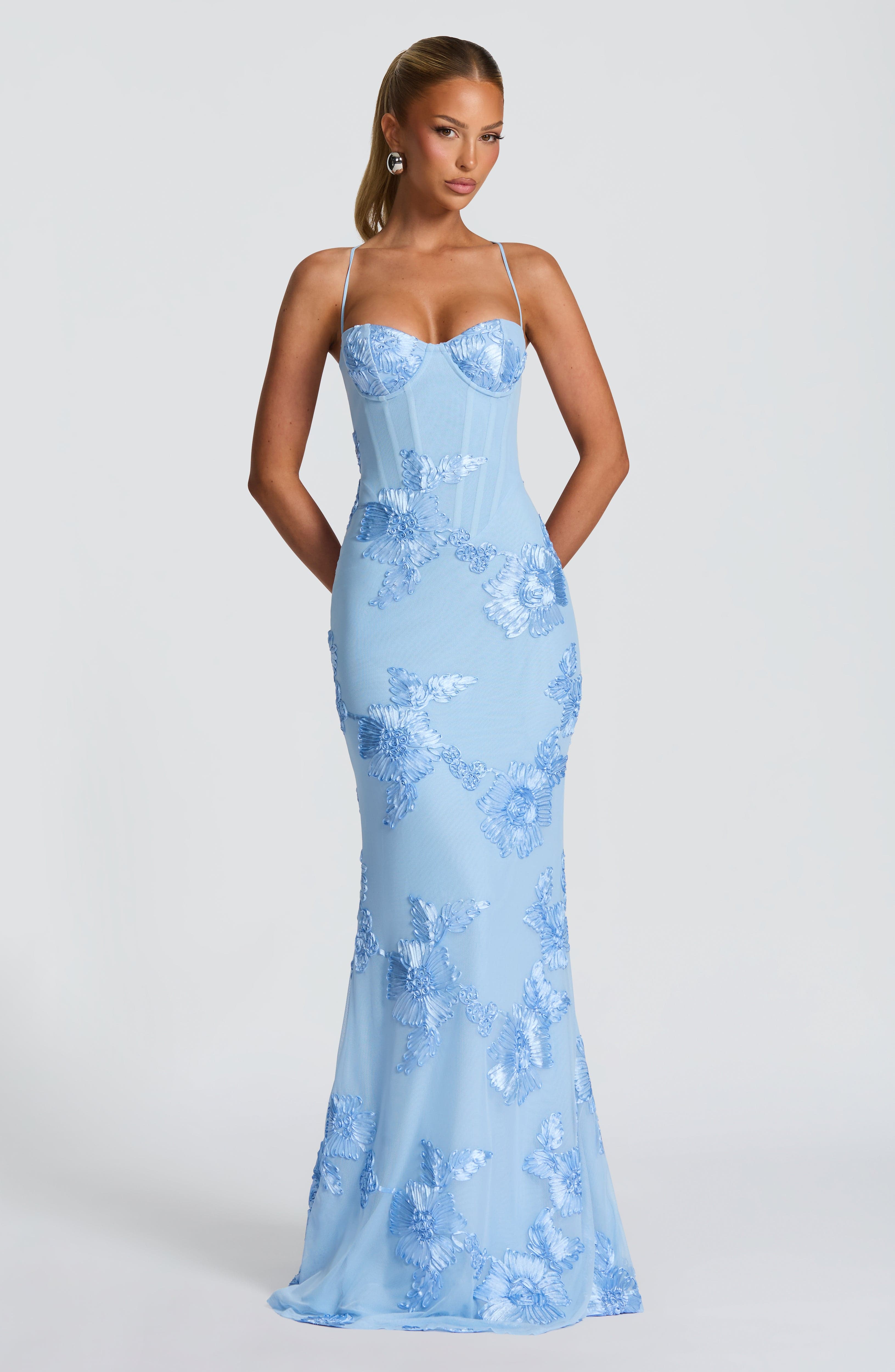 Women's Floral Maxi Wedding Guest Dress Corset Spaghetti Strap – Formal Occasion