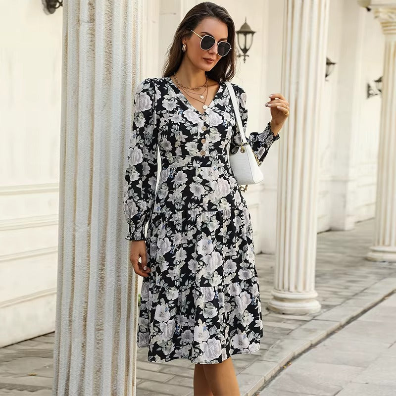 Women's Floral Midi Dress Button Front Long Sleeve – Garden Party Casual