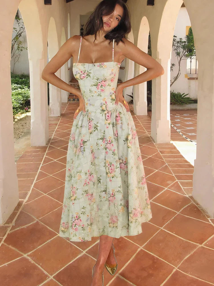 Women's Floral Midi Dress Corset Style Spaghetti Strap – Garden Party Wedding Guest