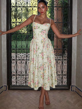 Women's Floral Midi Dress Corset Style Spaghetti Strap – Garden Party Wedding Guest