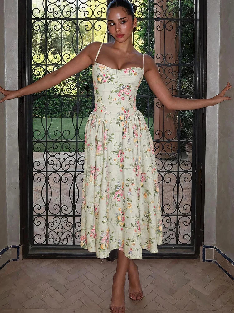 Women's Floral Midi Dress Corset Style Spaghetti Strap – Garden Party Wedding Guest