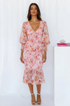 Women's Floral Midi Dress Deep V Neck Bishop Sleeve – Wedding Guest