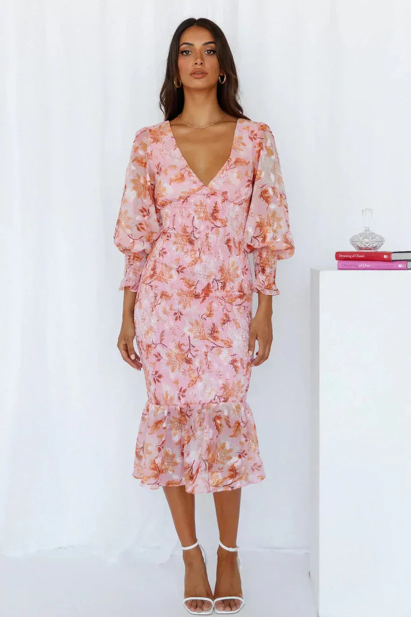 Women's Floral Midi Dress Deep V Neck Bishop Sleeve – Wedding Guest