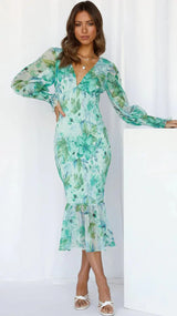 Women's Floral Midi Dress Deep V Neck Bishop Sleeve – Wedding Guest