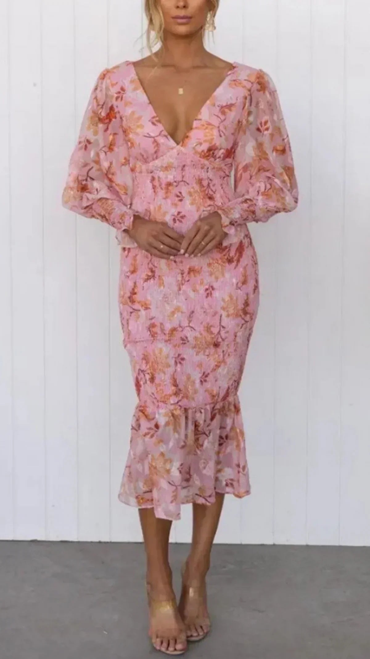Women's Floral Midi Dress Deep V Neck Bishop Sleeve – Wedding Guest