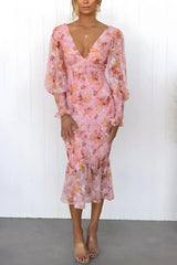 Women's Floral Midi Dress Deep V Neck Bishop Sleeve – Wedding Guest