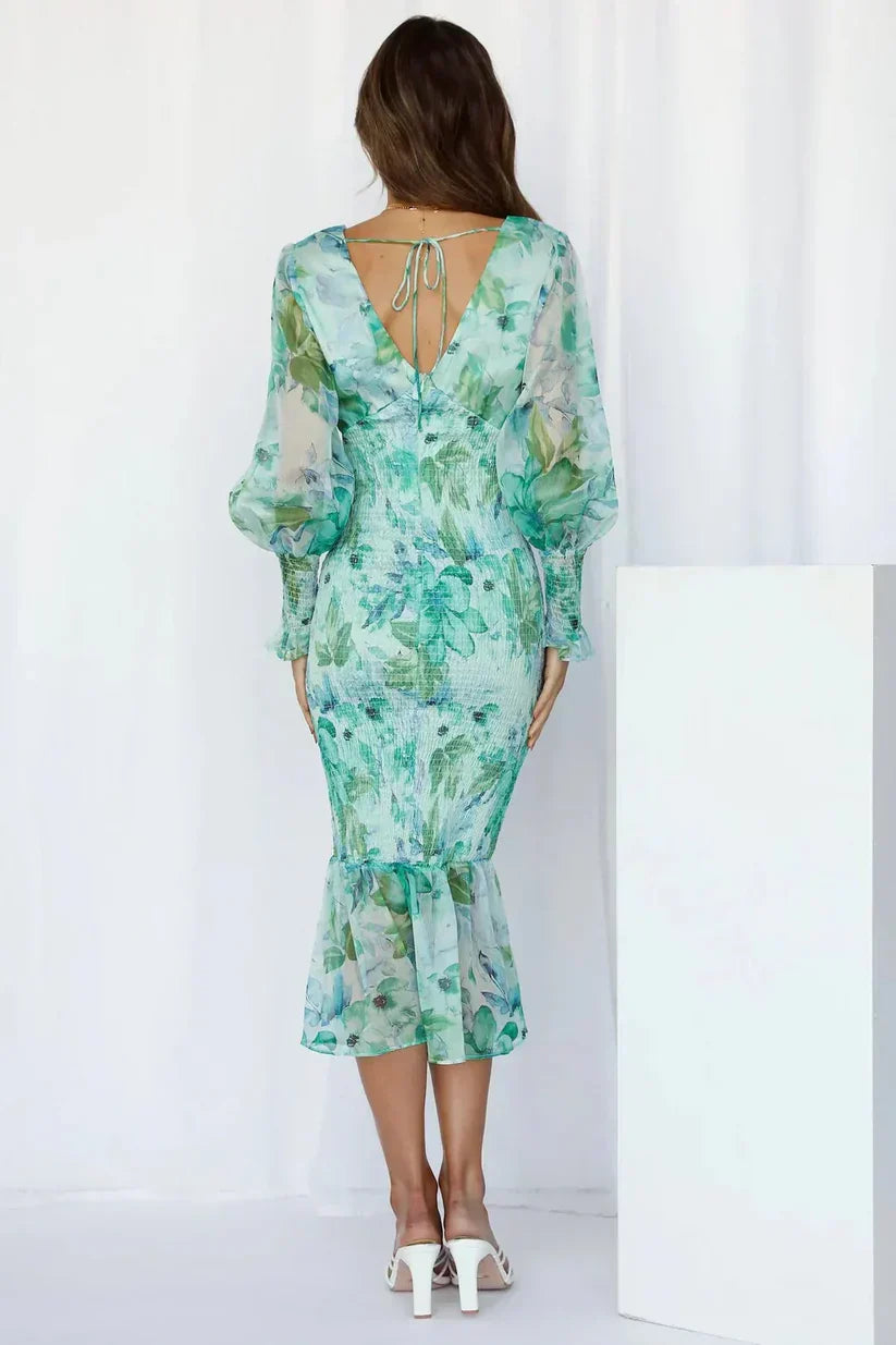 Women's Floral Midi Dress Deep V Neck Bishop Sleeve – Wedding Guest