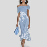 Women's Floral Midi Dress Off Shoulder Draped Sleeve – Wedding Guest Summer