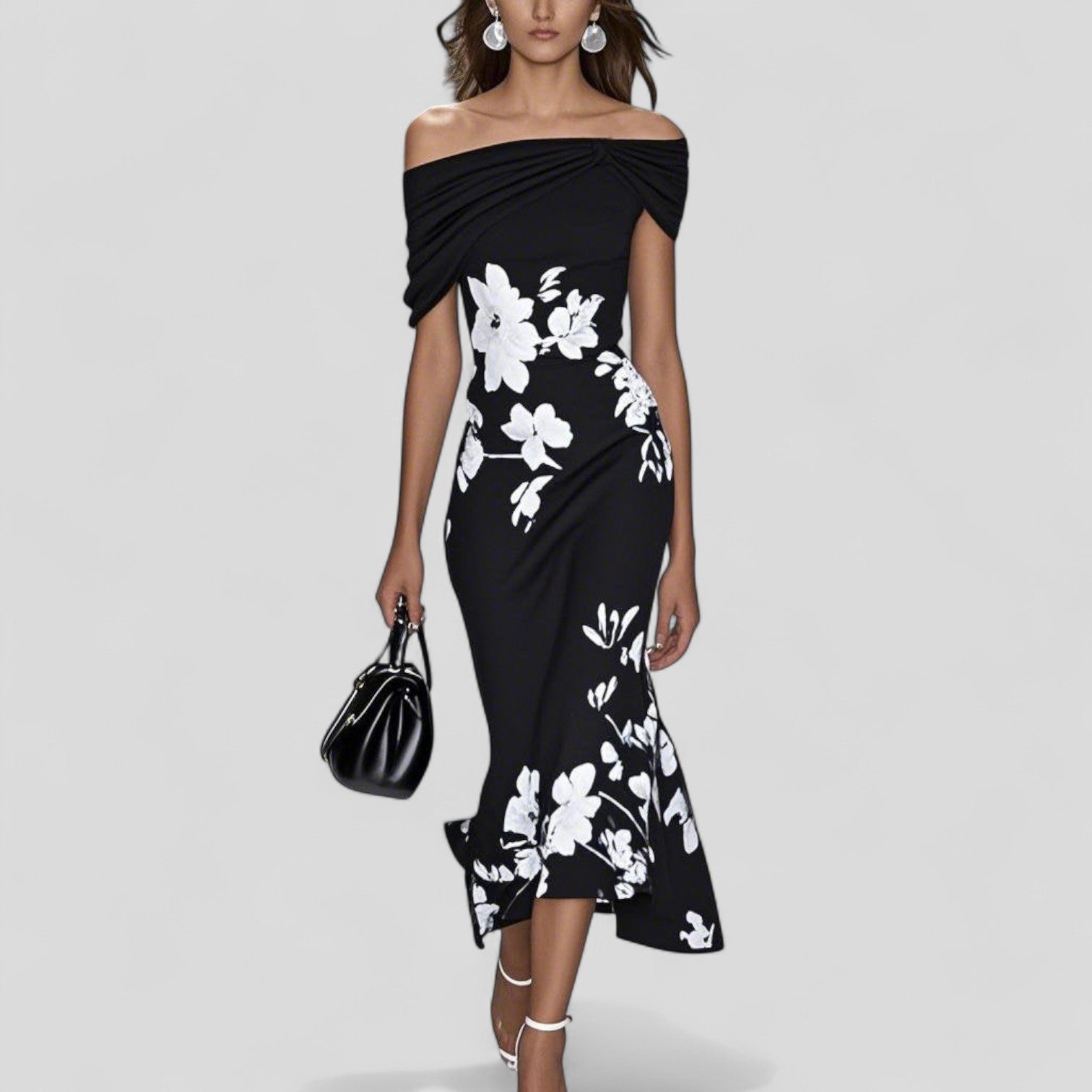 Women's Floral Midi Dress Off Shoulder Draped Sleeve – Wedding Guest Summer