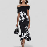 Women's Floral Midi Dress Off Shoulder Draped Sleeve – Wedding Guest Summer