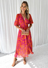 Women's Floral Midi Dress Puff Sleeve V-Neck – Garden Party
