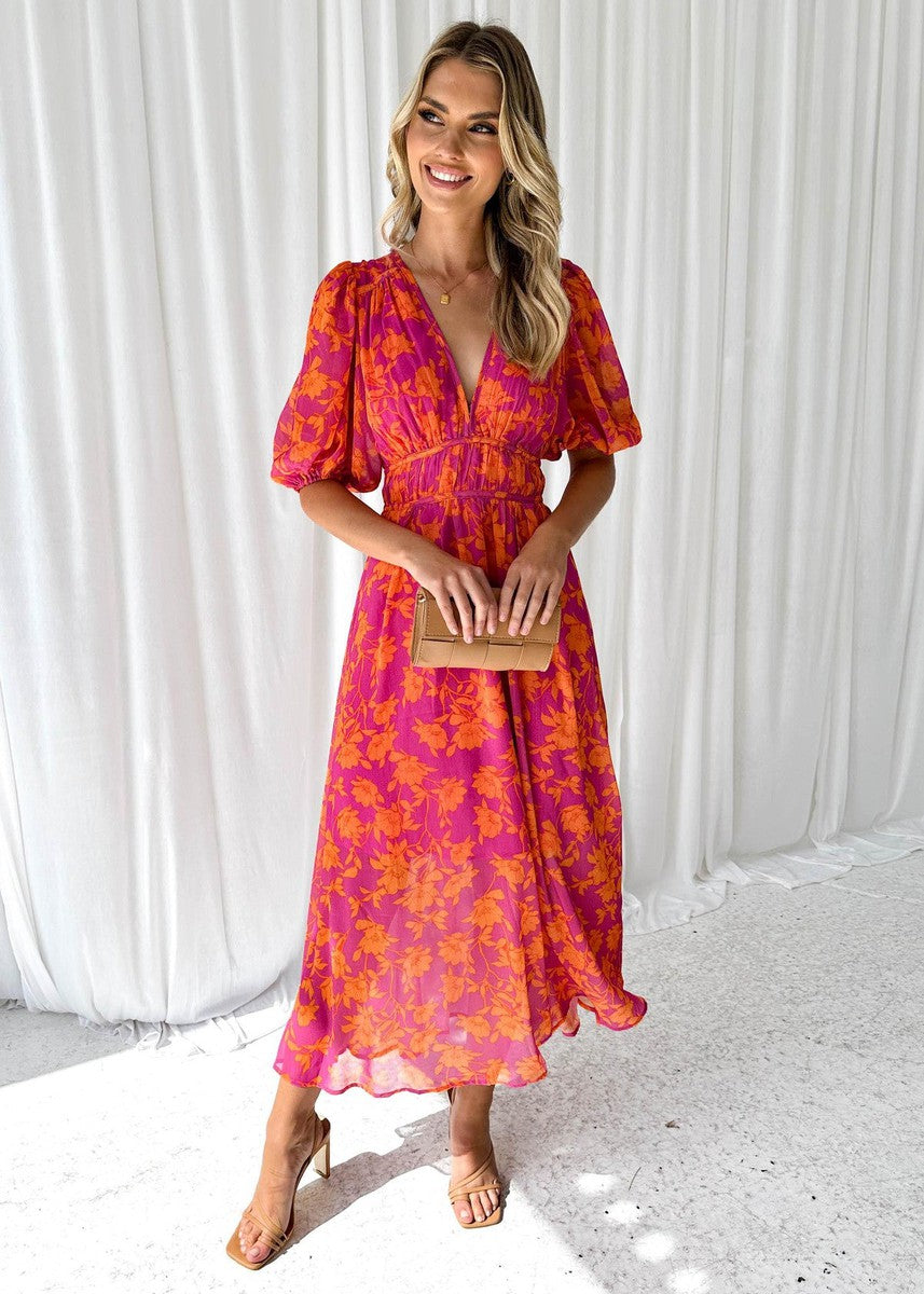 Women's Floral Midi Dress Puff Sleeve V-Neck – Garden Party
