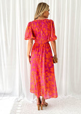 Women's Floral Midi Dress Puff Sleeve V-Neck – Garden Party